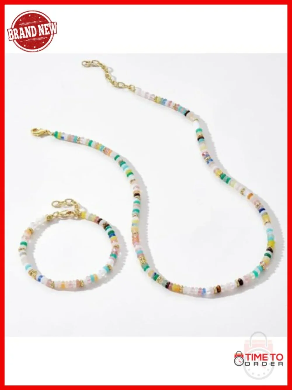 Boho Handmade Gemstone Bead Choker Necklace & Bracelet Set with Gold Spacers